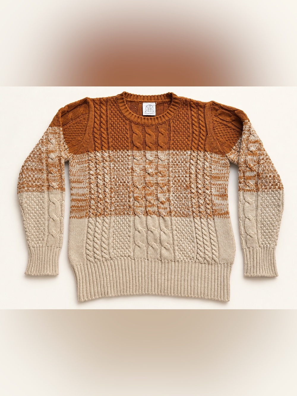 The Knit House Burnt Orange Colourblock Cable Knit Sweater